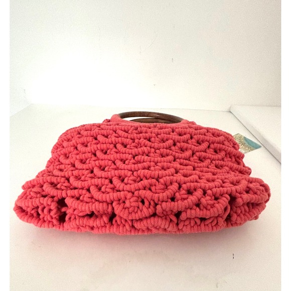 Sigrid Olsen Handcrafted Coral Crochet Tote Wooden Handles Resort Bag Lined NWT - Picture 12 of 16